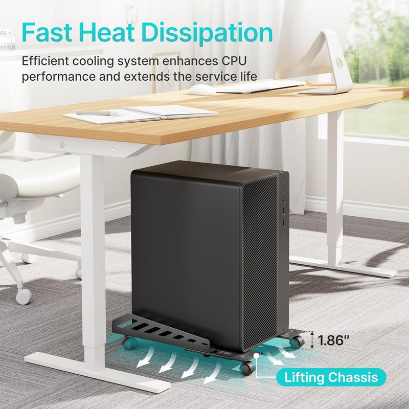 PEGZONE Adjustable PC Stand for Floor(400-510mm D, 160-300mm W), PC Tower Stand with 4 Caster Wheels, Ventilated Under Desk CPU Cart Holder for Office, Gamers, Black - Image 5